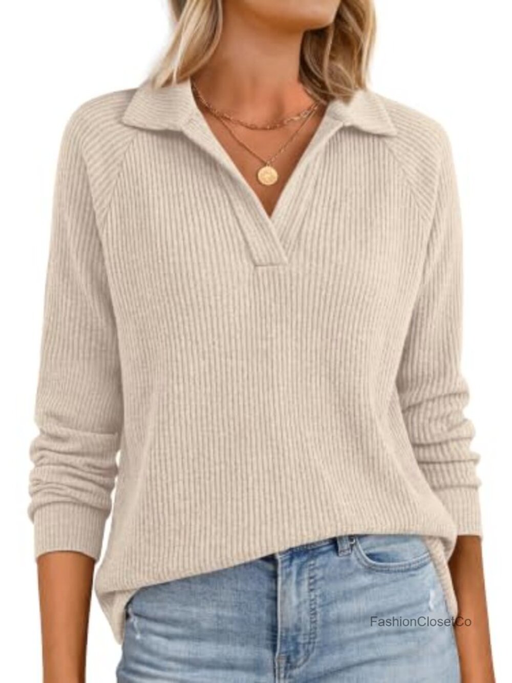 Long Sleeve V Neck Polo Shirt for Women Ribbed Knit Pullover Fall